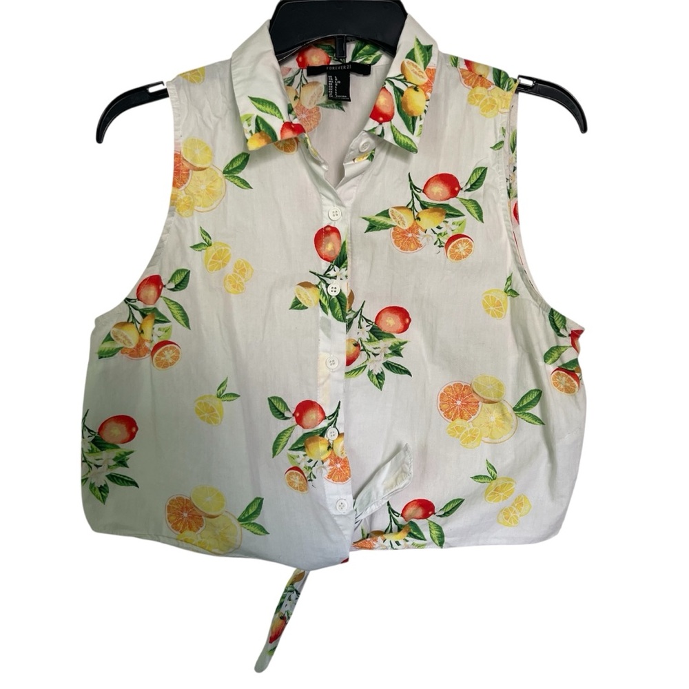Forever 21 White Tropical Fruit Print Crop Top Sleeveless Button Tank Sz Large